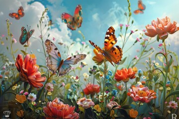 Obraz na płótnie Canvas Butterflies Flying Over a Field of Flowers