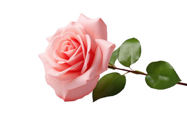 A single pink rose stands gracefully against a backdrop of vibrant green leaves on a pristine white...