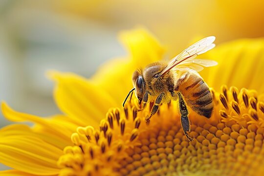Bee on the sunflower , macro shot. ai generated