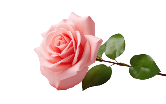 A single pink rose stands gracefully against a backdrop of vibrant green leaves on a pristine white surface