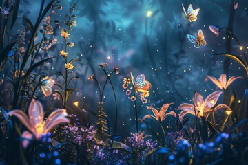 Fototapeta na wymiar Flowers and Butterflies Dancing in the Night Sky