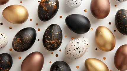 Large and small eggs of multicolored golden copper and black art nouveau colors beautifully lie on...