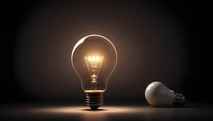 One of Lightbulb glowing among shutdown light bulb in dark area with copy space for creative thinking , problem solving solution and outstanding concept by 3d rendering technique. - obrazy, fototapety, plakaty