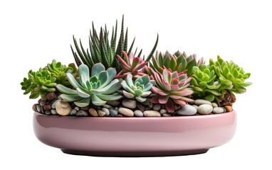 A pink planter overflowing with assorted succulents in various shades of green and purple