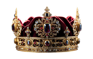 A magnificent red and gold crown adorned with sparkling jewels, radiating opulence and royalty