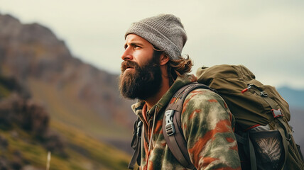 side view portrait of a tramp tourist male loner shaggy with a beard and a backpack in a warm jacket with extreme equipment. adventure man explorer on the mountain in bad weather in autumn. journey - obrazy, fototapety, plakaty