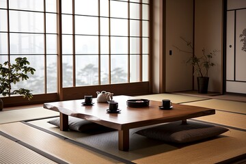 Fototapeta na wymiar Tranquil Serenity: Japanese Tatami Living Room with Minimal Decor
