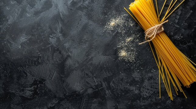 The background of this image is a stone slate with spaghetti.