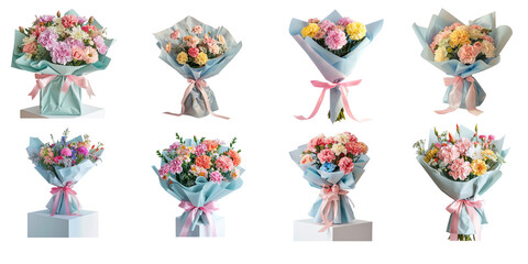 flowers wrapped in light blue paper, pink ribbon on top and pink accents on the sides, placed inside an all white square podium with no background