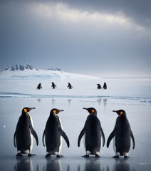Obraz premium Four Emperor Penguins march in line against a stark, icy Antarctic backdrop, with a hint of their colony in the distance. This image captures their unique adaptation and social dynamics in a frozen