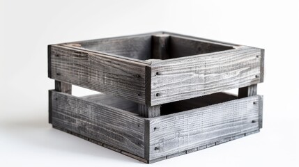 Grey wooden box crate used on a farm or shop for fruit or vegetables. Isolated on a white background. - obrazy, fototapety, plakaty