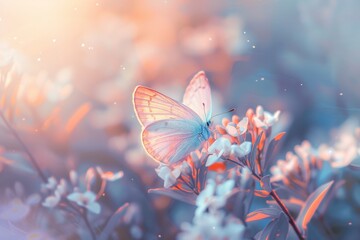 Butterfly Resting on White Flower - obrazy, fototapety, plakaty