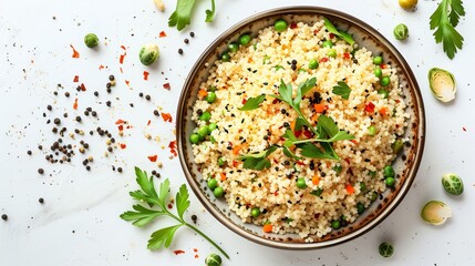 A white background with couscous and sprouts is paired with a delicious bowl of couscous