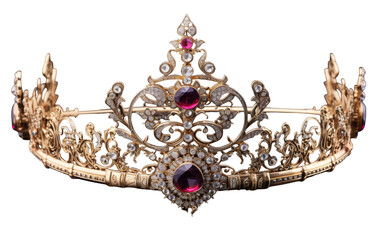 A majestic gold tiara is embellished with delicate pink and white gemstones, radiating a sense of...