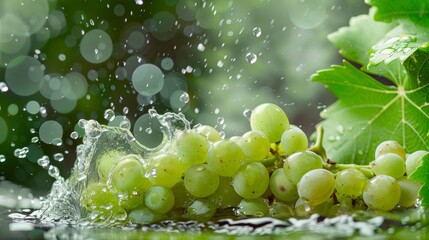 Isolated on a green background, water splashes on leaves of a fresh grape