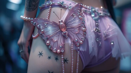 close up lingerie and underwear fashion portrait, pretty girl wearing sexy pink panties decorated with butterfly pearls and glitter, fantasy fairytales atmosphere, 