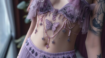 close up lingerie and underwear fashion portrait, pretty girl wearing sexy pink bras and panties decorated with butterfly pearls and glitter, fantasy fairytales atmosphere,  - obrazy, fototapety, plakaty