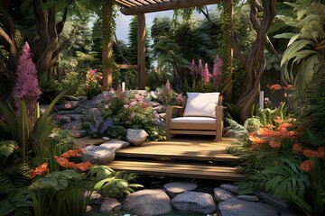 Fototapeta na wymiar Tranquil Meditation Garden: Serene Plant Oasis in Natural Harmony