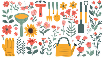 Gardening tools and flowers Flat vector