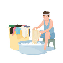 Man sits washing clothes by hand with his laundry container, vector illustration and flat design.