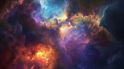A breathtaking view of a colorful nebula illuminated by the light of nearby stars, with swirling clouds of gas and dust creating a mesmerizing display of cosmic beauty. - obrazy, fototapety, plakaty