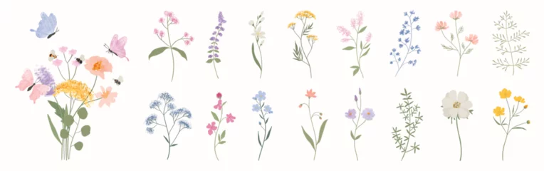 Stoff pro Meter Collection of floral and botanical elements. Set of leaf, foliage wildflowers, plants, bloom, leaves and herb. Hand drawn of blossom spring season vectors for decor, website, wedding card and shop. © TWINS DESIGN STUDIO