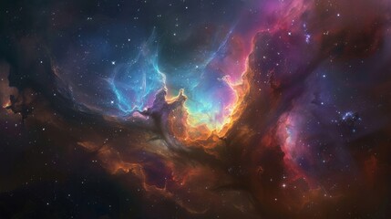 A breathtaking view of a colorful nebula illuminated by the light of nearby stars, with swirling clouds of gas and dust creating a mesmerizing display of cosmic beauty.