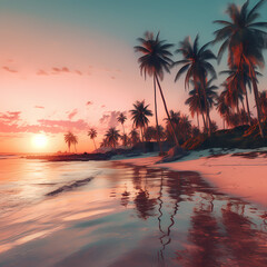 A serene beach with palm trees.