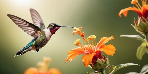 Fototapeta premium A hummingbird with iridescent feathers hovers elegantly as it feeds on a vibrant orange flower. The soft, natural light highlights the delicate details of its plumage and the flower's intricate