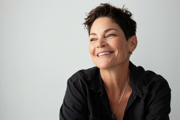 Portrait of a beautiful middle aged woman smiling against a grey background