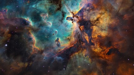 A breathtaking view of a colorful nebula illuminated by the light of nearby stars, with swirling...