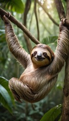 Fototapeta premium A gentle sloth hangs leisurely among the verdant branches of a tropical rainforest. Its calm demeanor complements the tranquil surroundings. AI generation
