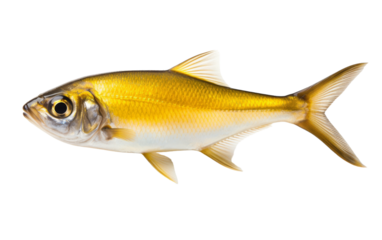A vibrant yellow fish swims gracefully against a stark white background