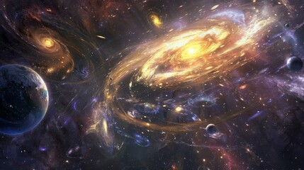 A breathtaking view of a cosmic ballet, with swirling galaxies and dancing stars performing an...
