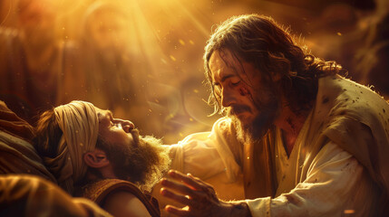 Illustration of Jesus Christ Extending His Hand in a Compassionate Gesture to Help a Fallen Individual Amidst Divine Light