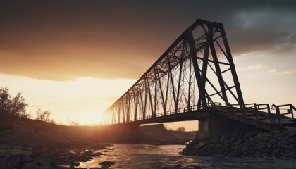 Fototapeta na wymiar The intricate architecture of a steel bridge is highlighted by the soft glow of the setting sun, creating a serene riverside scene. This bridge serves as a poignant reminder of engineering prowess and