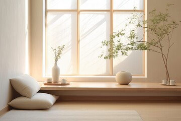 Fototapeta na wymiar Tranquil Zen Meditation Space Inspirations: Embracing Minimalist Style, Serene Decor, and Calm Vibes
