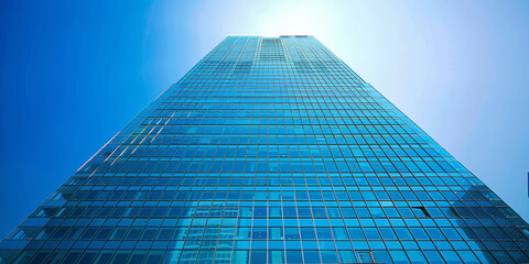 A tall building with a blue sky in the background. The building is made of glass and has a lot of windows - obrazy, fototapety, plakaty