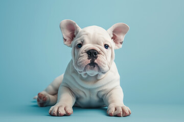 White British bulldog puppy against a blue background