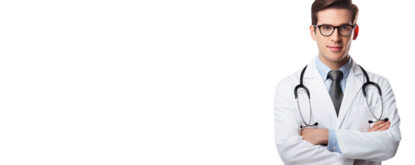 A young male medical doctor wear doctors uniform and stethoscope isolated on transparent background.