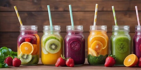 A delightful arrangement of fruit smoothies, adorned with slices of kiwi, orange, and strawberry....