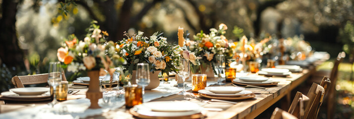Rustic wedding table arrangement in outdoor setting with white flowers and greenery. Mountain view terrace reception. Romantic event decor concept for design and print
