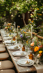 Rustic wedding table arrangement in outdoor setting with white flowers and greenery. Mountain view terrace reception. Romantic event decor concept for design and print