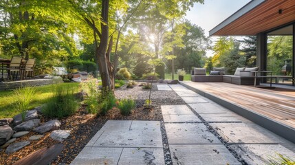Obraz premium Backyard With Wooden Deck and Stone Walkway