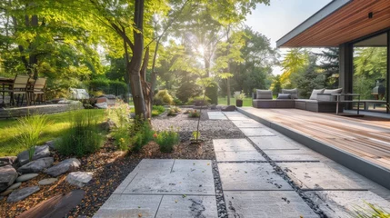 Tuinposter Backyard With Wooden Deck and Stone Walkway © Prostock-studio