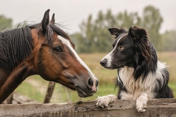 Obraz na płótnie Canvas Crossing Paths A Clydesdale and a Border Collie Share a Moment Generative AI
