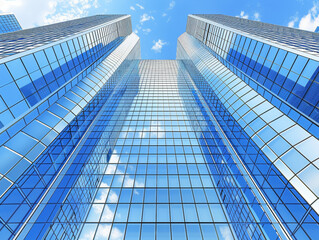 A tall building with many windows, reflecting the blue sky above. The glass windows are clear and shiny, giving the building a modern and sleek appearance. The sky is filled with clouds