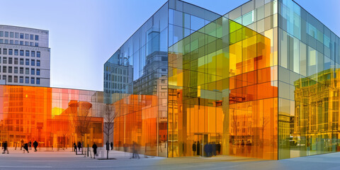 A large building with a lot of glass windows and a bright orange facade. The building is surrounded by a city street with people walking around. Scene is lively and bustling