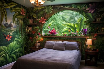 Exotic Jungle Dreams: Tropical Rainforest Bedroom Decors with Rainforest Mural and Exotic Plant Theme