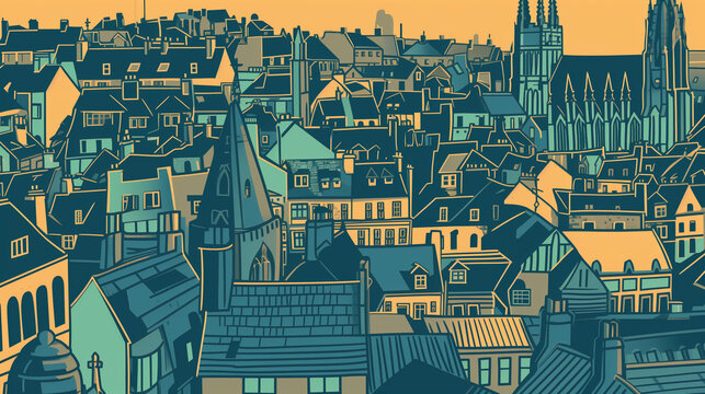 Woodcut illustration of an English city with victorial buildings in yellow and blue colors